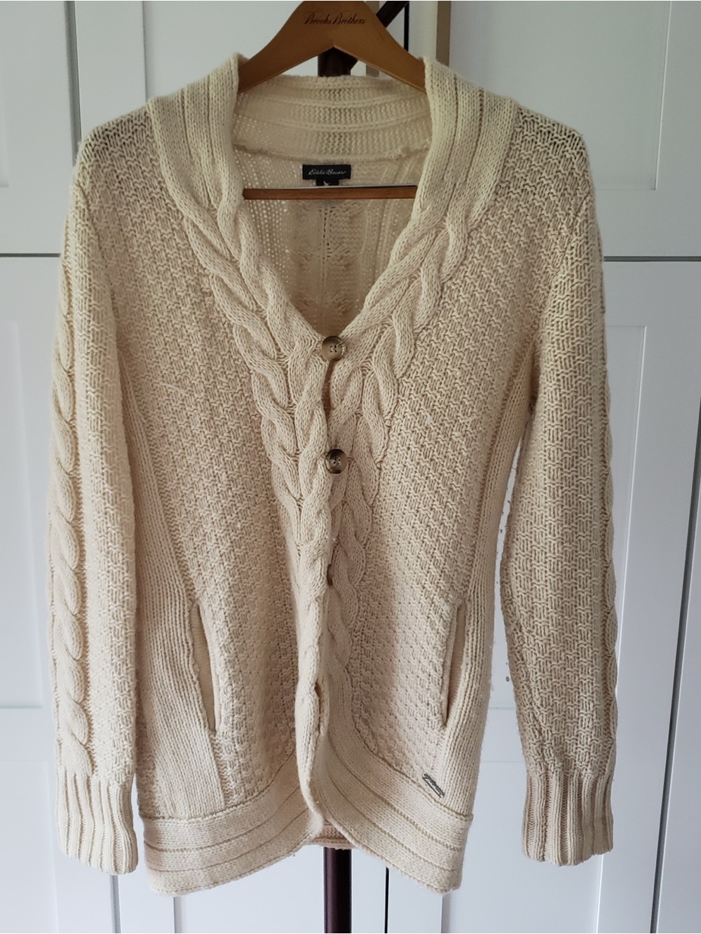 Eddie Bauer Lambs Wool Cardigan Womens‎ Small Cream Cable-Knit Shawl Collar